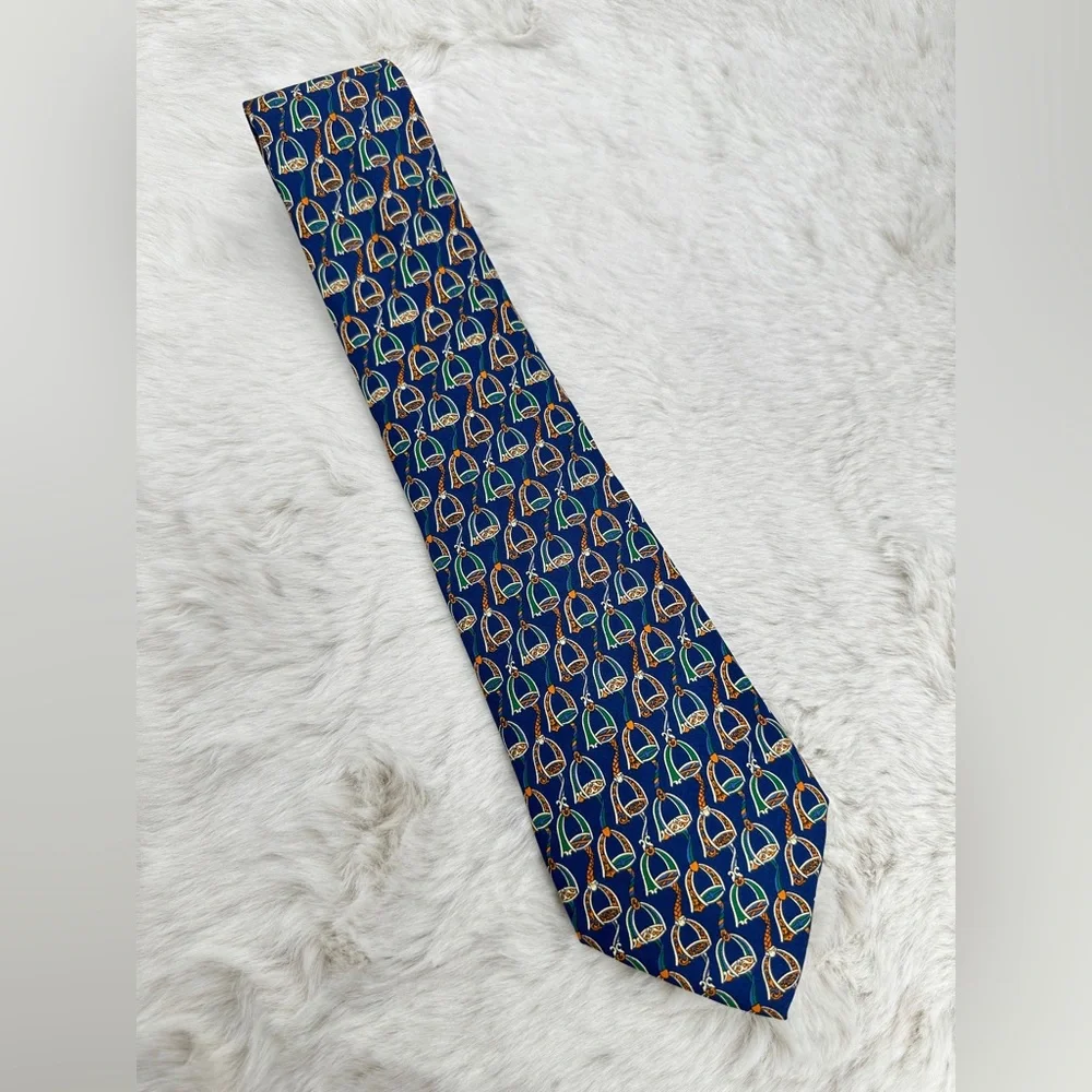 Salvatore Ferragamo Equestrian Silk Tie‎ Navy Green Orange | Made in Italy